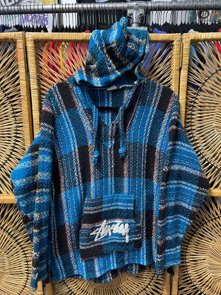 Vtg 90s Stussy Mexican Baja Poncho Pullover Blanket Drug Rug